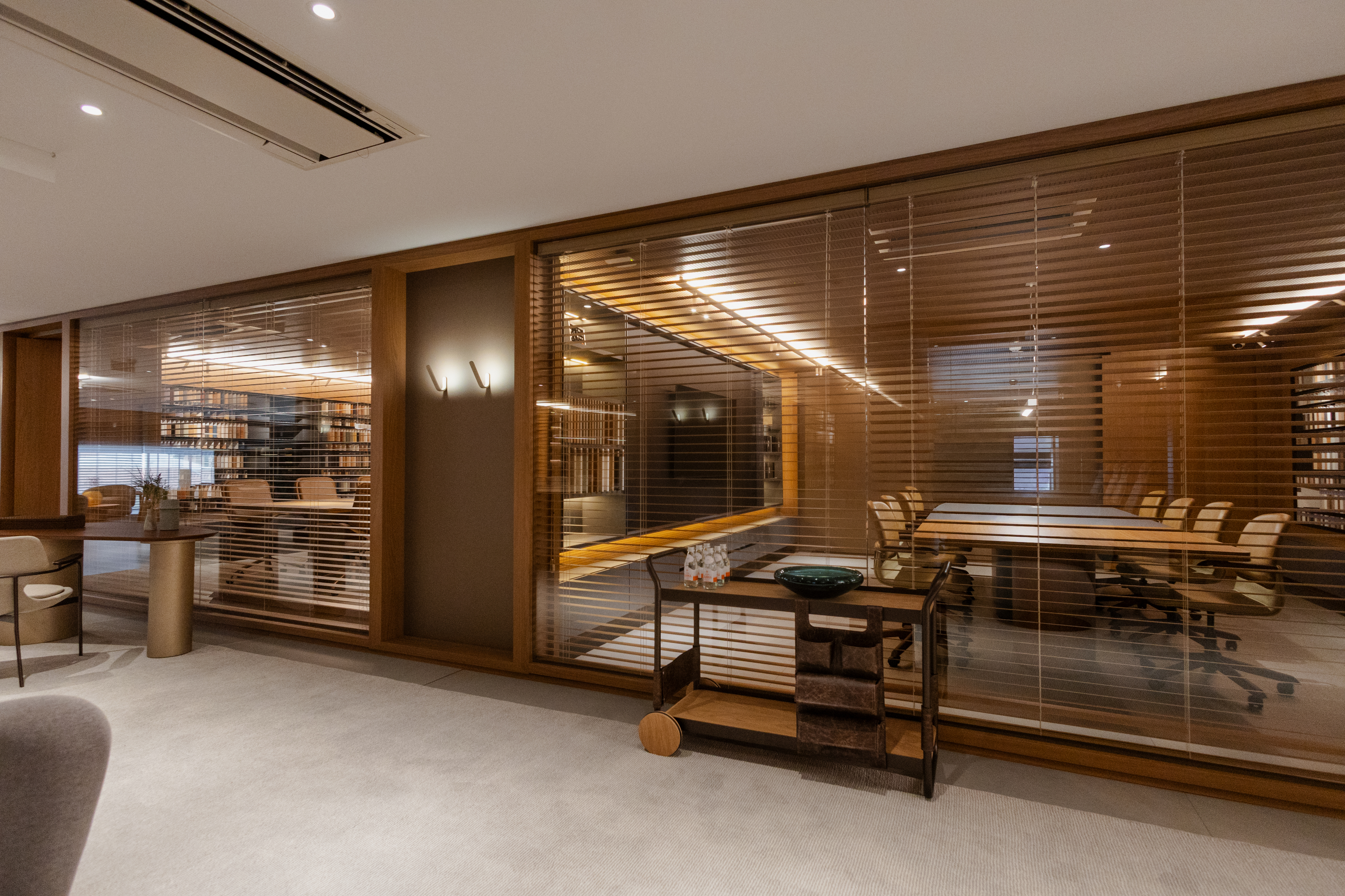 High-end commercial office featuring sophisticated wood detailing.